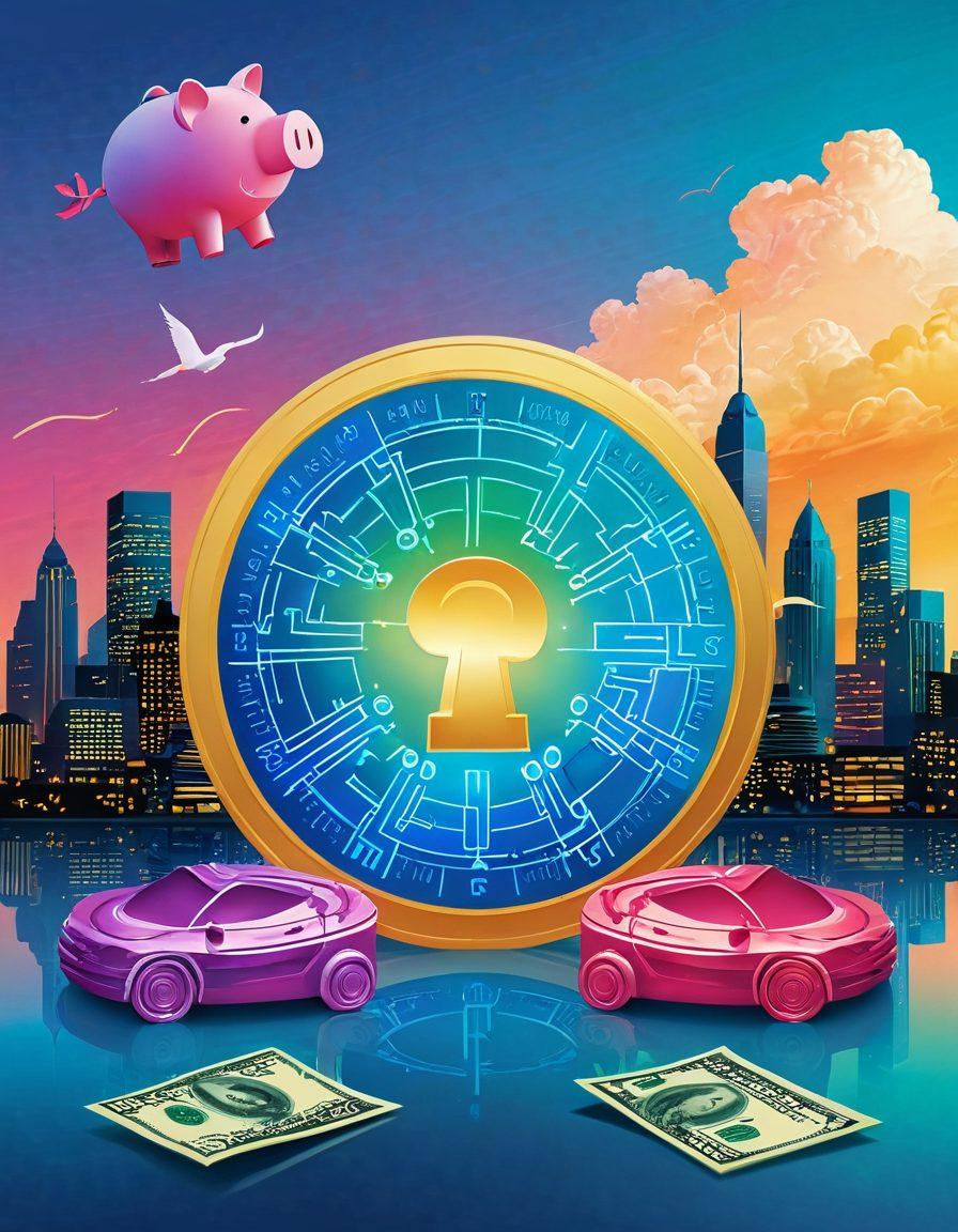 A vibrant illustration of a large key unlocking a giant cash flow symbol, surrounded by floating dollar bills and budgeting tools like calculators, pie charts, and piggy banks. In the background, a serene cityscape represents economic success. A glowing aura around the key enhances the feeling of discovery and abundance. Bright colors and a smooth gradient sky add to the dynamic atmosphere. vector art. vibrant colors. 3D.