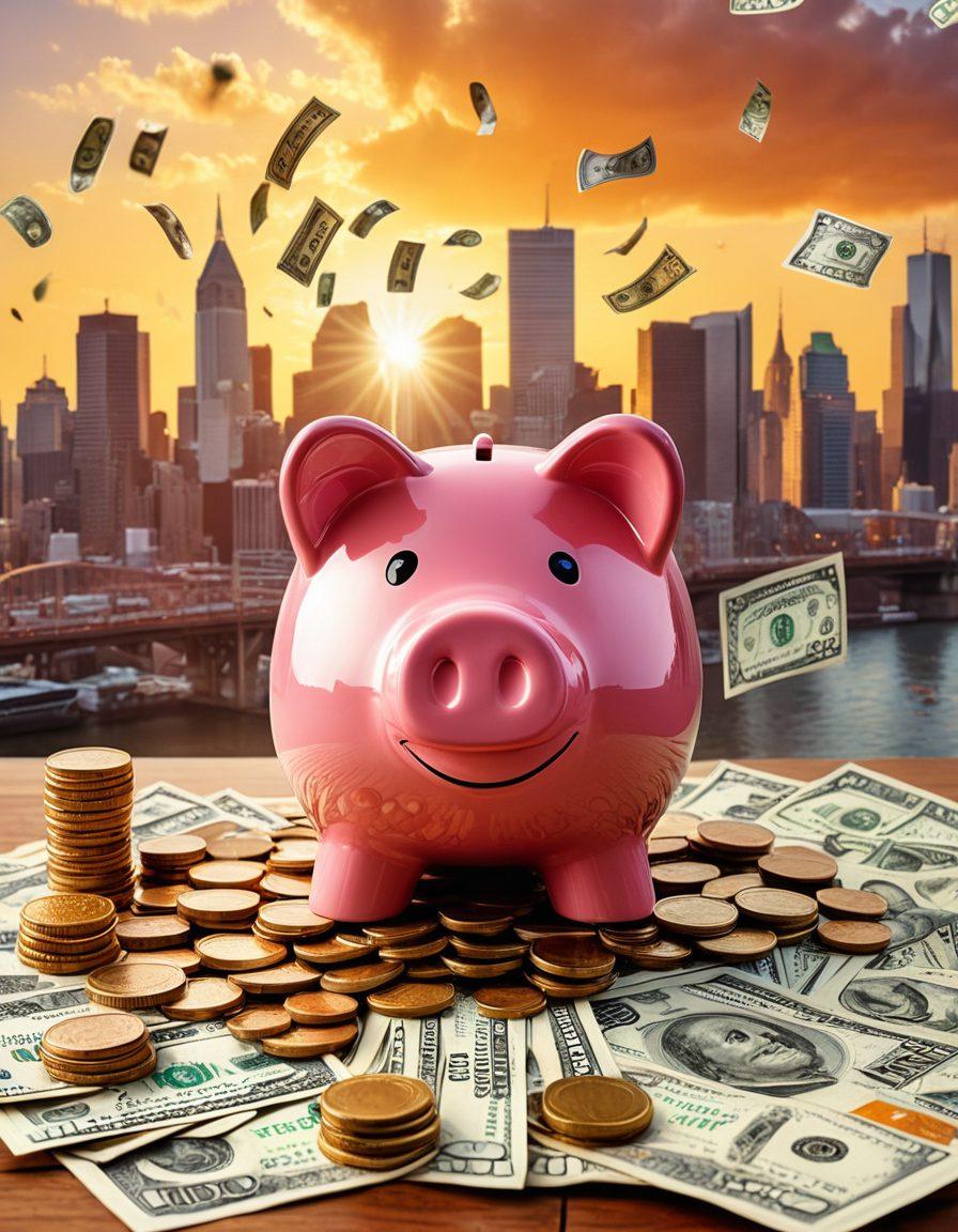 A visually engaging scene of a diverse group of people celebrating financial freedom, surrounded by symbols of money such as coins, dollar bills, and budgeting tools like calculators and charts. The background should depict a bright future with a sunrise over a city skyline, showcasing hope and opportunity. Integrate elements like a piggy bank and graphs indicating growth, all infused with vibrant colors for a positive energy. digital art. vibrant colors. uplifting atmosphere.
