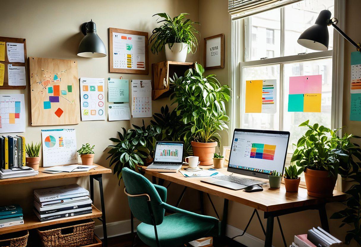 A creative workspace with a large wooden desk, filled with financial books, a laptop displaying charts and graphs, a potted plant providing a touch of greenery, and scattered sticky notes highlighting key strategies for wealth-building. A vision board on the wall illustrates dreams of financial freedom. Soft sunlight beams through a window, creating a warm, inviting atmosphere. modern art style. vibrant colors. natural lighting.